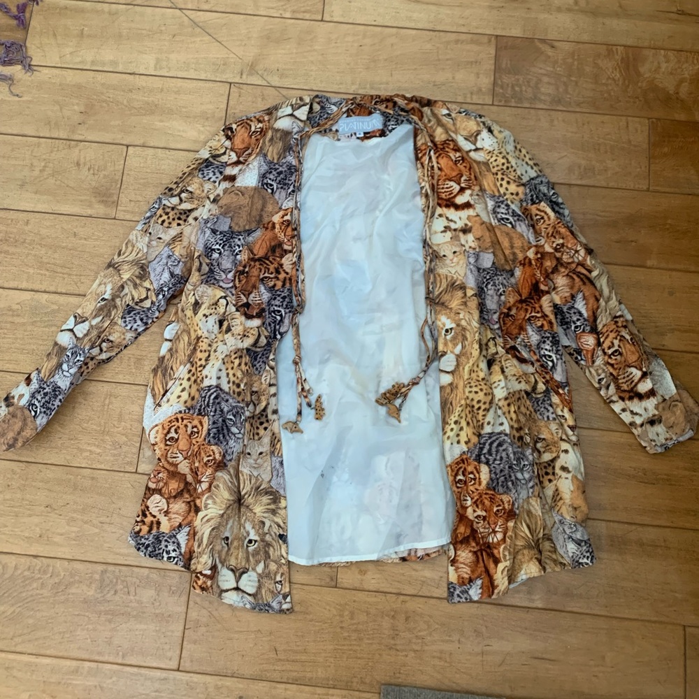 Vintage Cat Print Open Jacket with Wooden Charms S-M